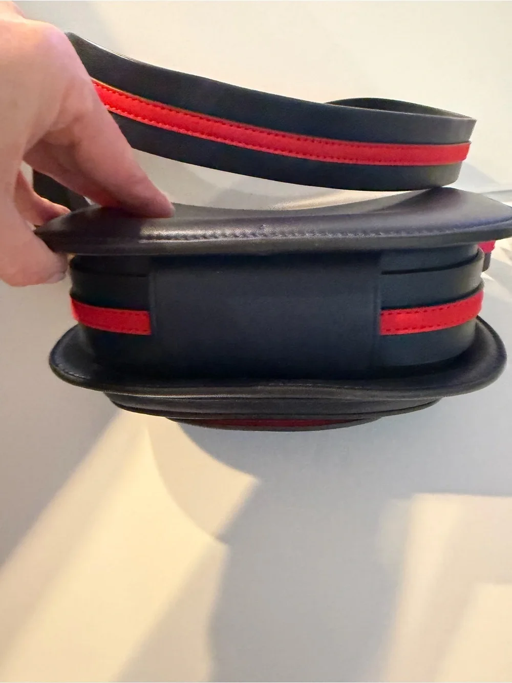 Navy Blue Leather Saddle Crossbody Bag with Navy Blue/Red-Trim Strap